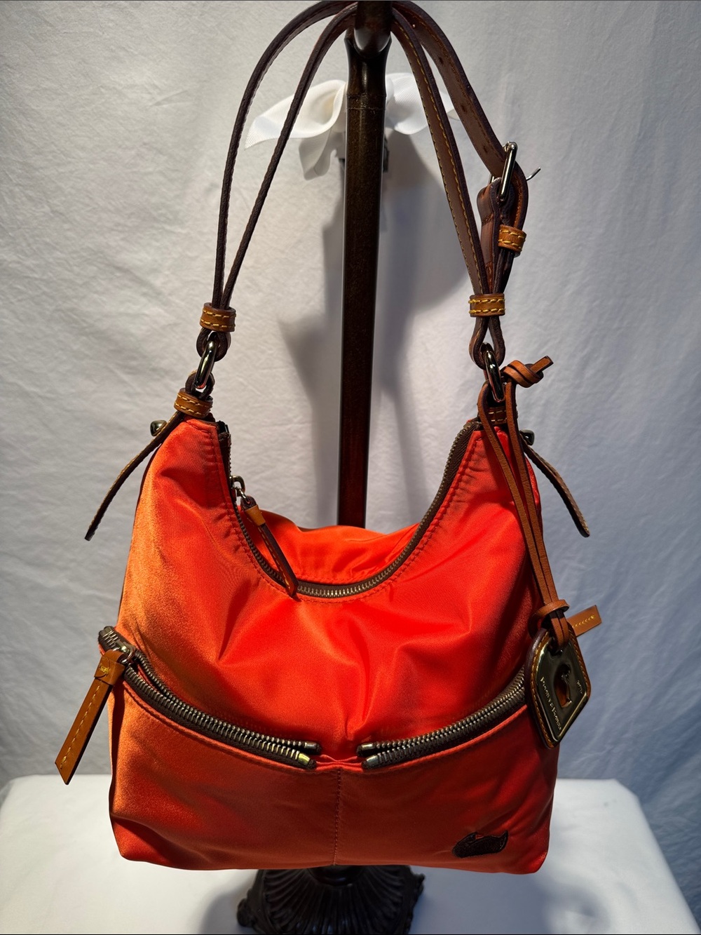 Dooney & Bourke Orange Nylon Hobo with Brown Leather Trim